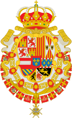 Escudo de Felipe V de España Toisón y Espiritu Santo Leones de gules.png